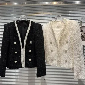 2023 Spring Designer Jacket: Women's Shiny Silk Tweed Giacca with Pearl Edges