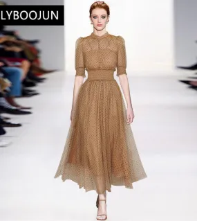 Luxury Designer Women's Elegant Dresses 2022 | Summer Collection Stand Collar Short Sleeve Polka Dots Mesh Dress.
