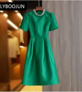 2023 Luxury Designer Women's Green Black Evening Party Dresses with Beaded Diamonds & Stand Collar