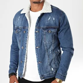 Blue denim Super Slim Fit jacket with sheepskin leather collar.