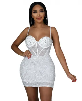 Cut Out Bodycon Club Dress with Tight Straps and Rhinestone Elegant Dresses Street Party Sheer Mesh Summer Clothing