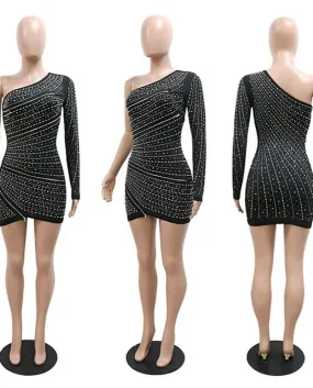 Elegant One Shoulder Diamonds Birthday Dress - Sparkly Crystal Sheer Mesh Clubwear