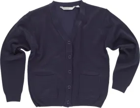 Fine knit sweater jacket with V-neck and two dark blue plastic patch pockets.