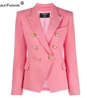 Harleyfashion New Elegant Pink Thick Quality Winter Autunno Inverno Warm Jacket Classic Tweed Skinny Work Blazer Women.