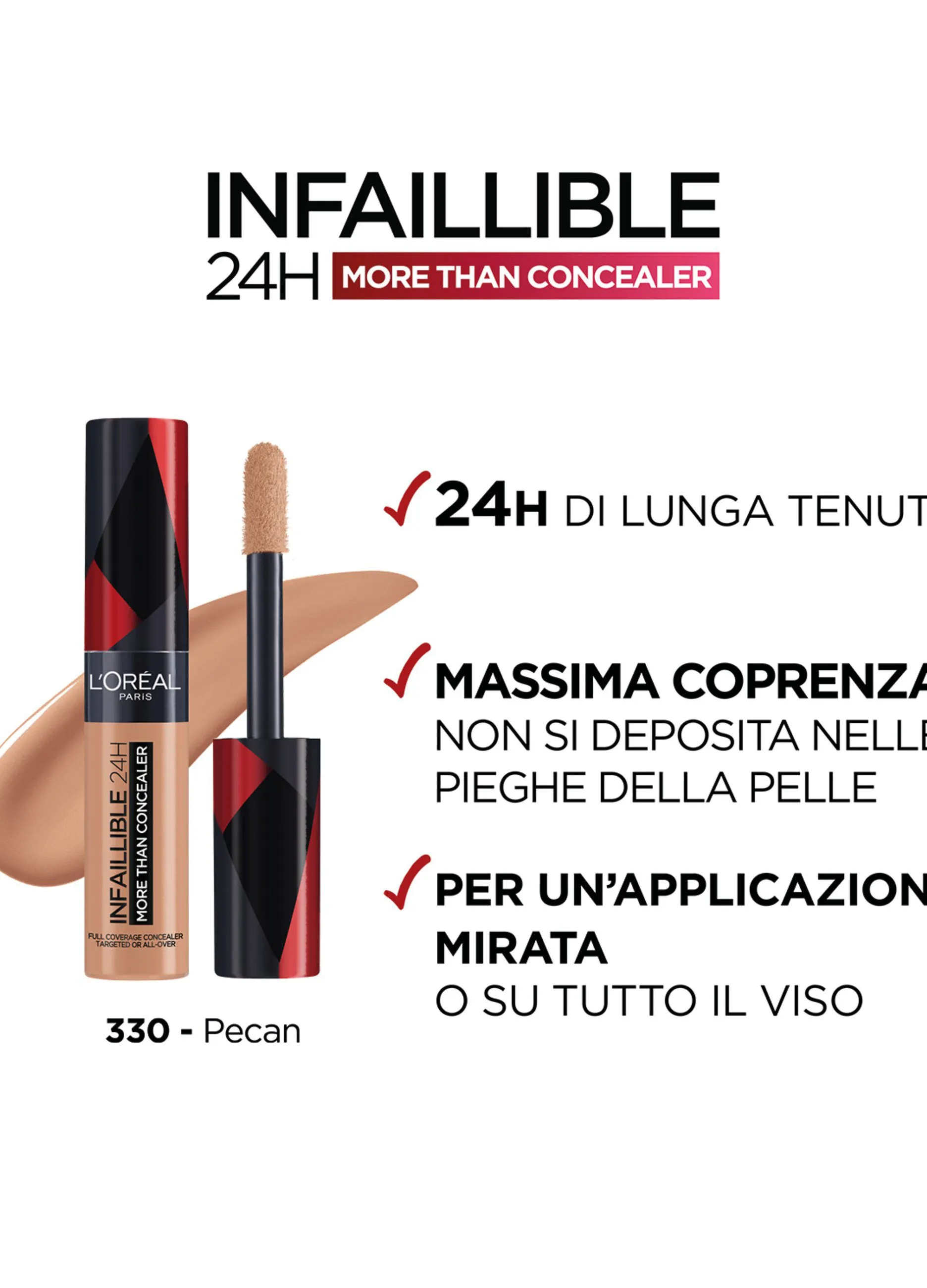 L'OREAL  L'Oréal Paris Infaillible 24h More Than Concealer, Correttore liquido a lunga tenuta, 330 Pecan.