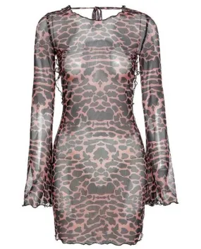Leopard Print Backless Sheer Clubwear Elegant Women's Flare Sleeve Lace-Up Bodycon Mini Party Dress