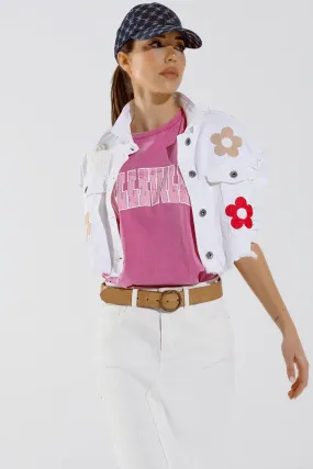 Pink floral crop jacket with chest pockets.