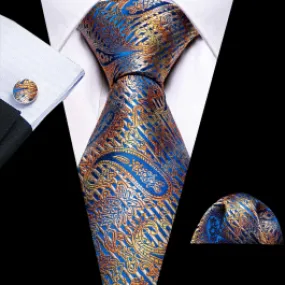 Silk Necktie Set with Cufflinks and Pocket Square, Multi Paisley