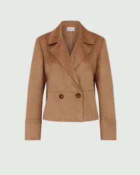 Short Tobacco-Colored Jersey Stretch Jacket with Suede Effect