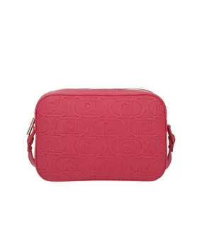 Square Strawberry Red Faux Leather Crossbody Bag with Raised Monogram Pattern and Removable Shoulder Strap